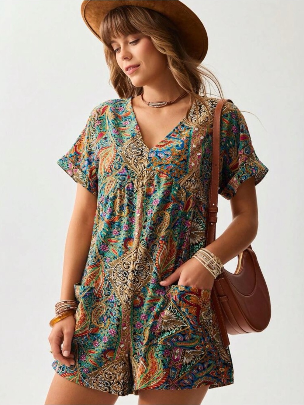 Multicolor Paisley V-Neck Women's Romper